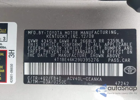 2009 Toyota Camry z USA, uszkodzony, nr VIN 4T1BE46K29U395276